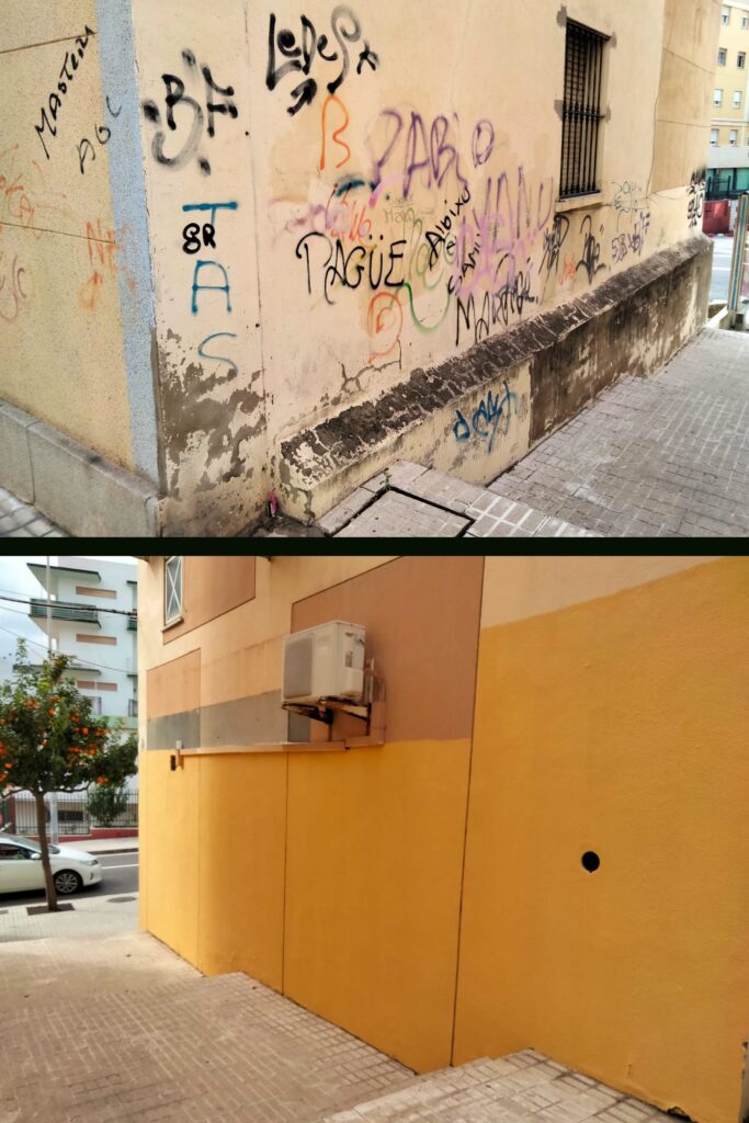 Operarios municipales eliminan pintadas realizadas en la zona del Secano