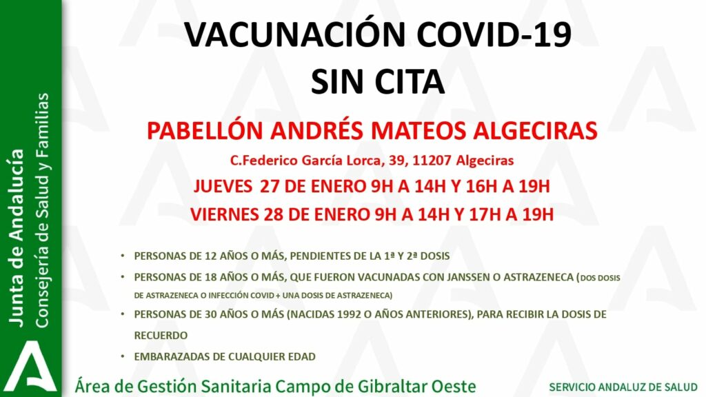 Vacunación covid sin cita previa en Algeciras este jueves y viernes